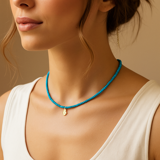 Turkuaz Boncuklu Altın Hamsa Eli Kolye – Kadın Takı