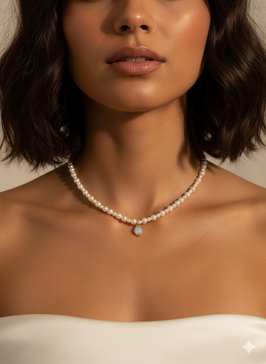 Altın Tel Sarılmış Değerli Taş İnci Kolye