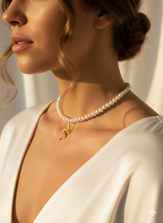 Altın Yılan Uçlu İnci Kolye | Kadın Gotik Takı