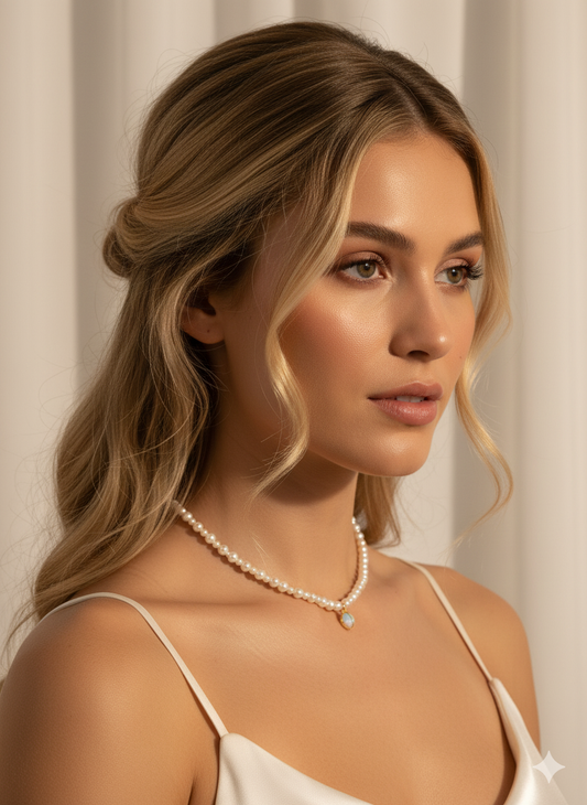 Altın Tel Sarılmış Değerli Taş İnci Kolye