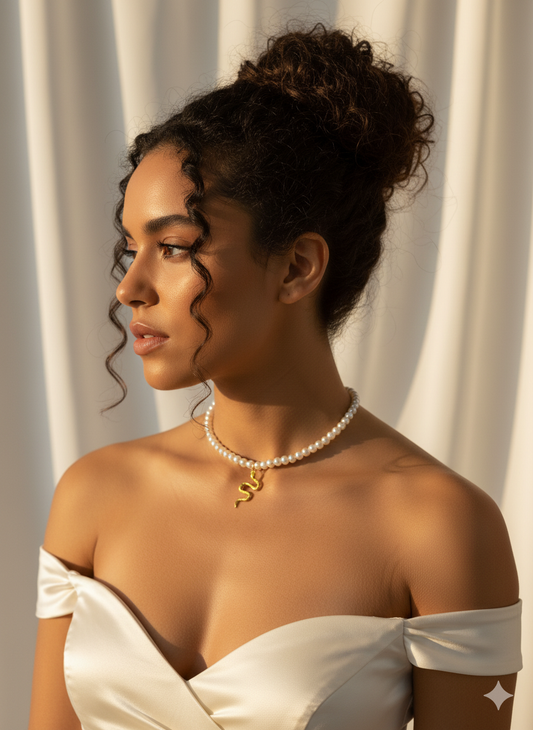 Altın Yılan Uçlu İnci Kolye | Kadın Gotik Takı